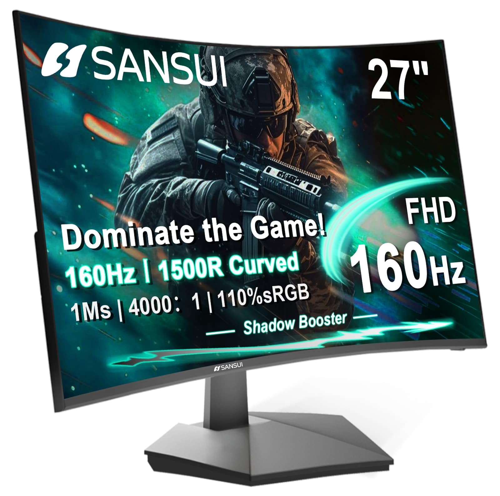 SANSUI 27 Inch Curved 160Hz Gaming Monitor, 1500R Curved Computer Gaming Monitor FHD 1080P, 4000:1, 110% sRGB, FPS/RTS, 1Ms MPRT|FreeSync|HDR|Low Blue Light|HDMI DP| VESA Support, HDMI Cable Incl.