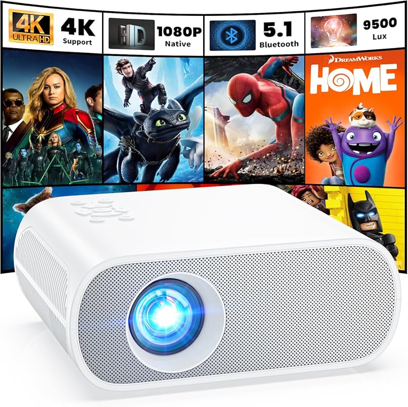Native 1080P Bluetooth Portable Projector with 9500 Lumens, Compatible
