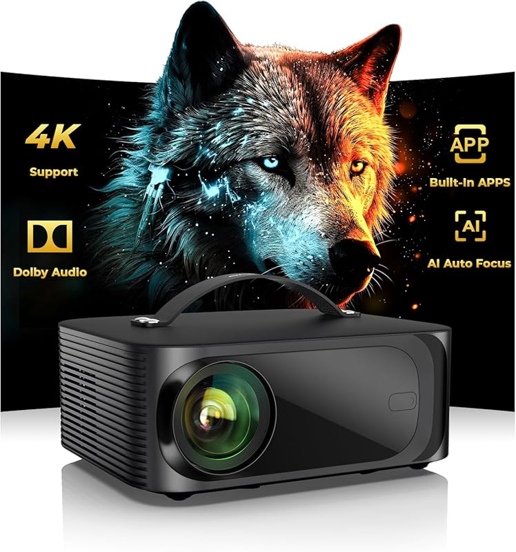 1500 ANSI Lumens 4K Smart Projector with WiFi 6, Dolby Audio, and Buil