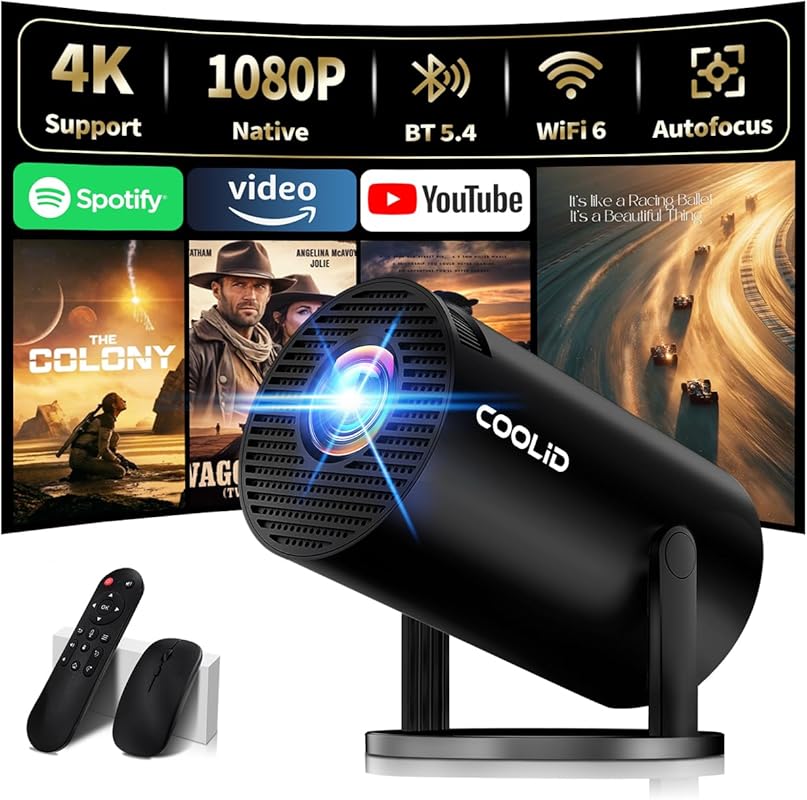 4K Support Mini Projector with 1080P, WiFi 6, Bluetooth 5.4, Auto Keys