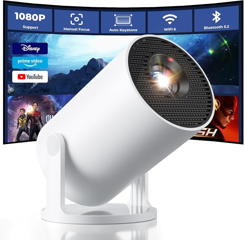 Smart Portable Projector with WiFi and Bluetooth, 1080P Support, Auto