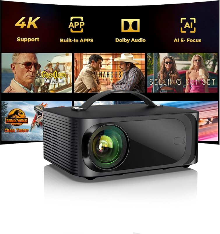 4K WiFi Bluetooth Projector with Auto Focus, Built-in Apps, and Portab