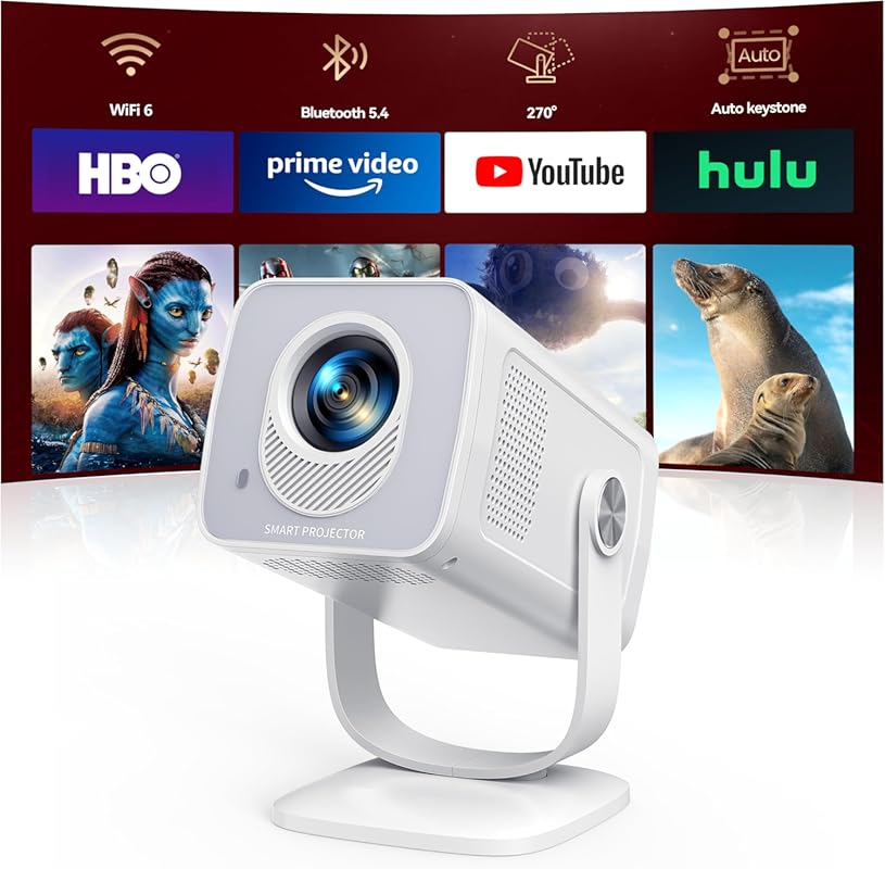 4K Smart Pocket Projector with WiFi 6, Bluetooth 5.4, Auto Keystone, a