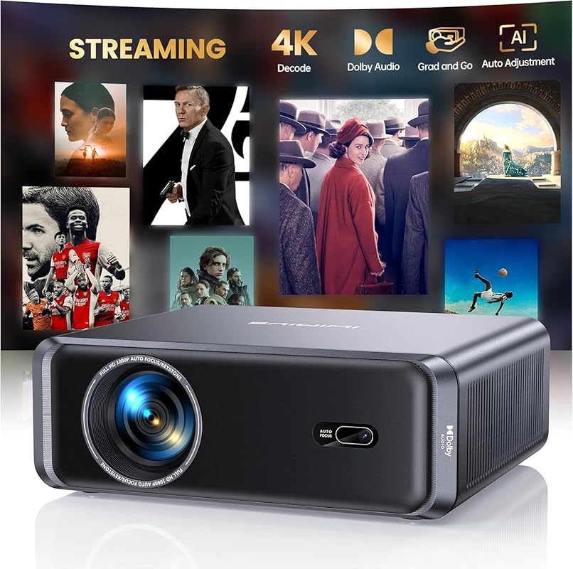 Compact Smart Projector with WiFi6, Bluetooth, Built-in Apps, and Auto