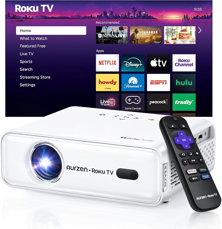 Aurzen Roku TV Smart Projector with Wifi and Bluetooth, Roku Streaming