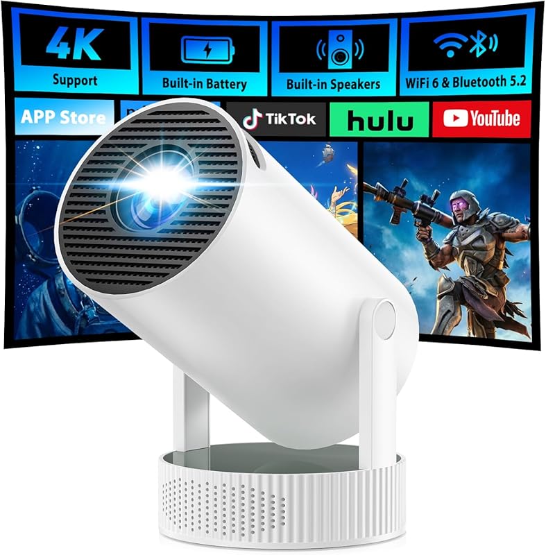 4K portable mini projector with WiFi, Bluetooth, built-in battery, com