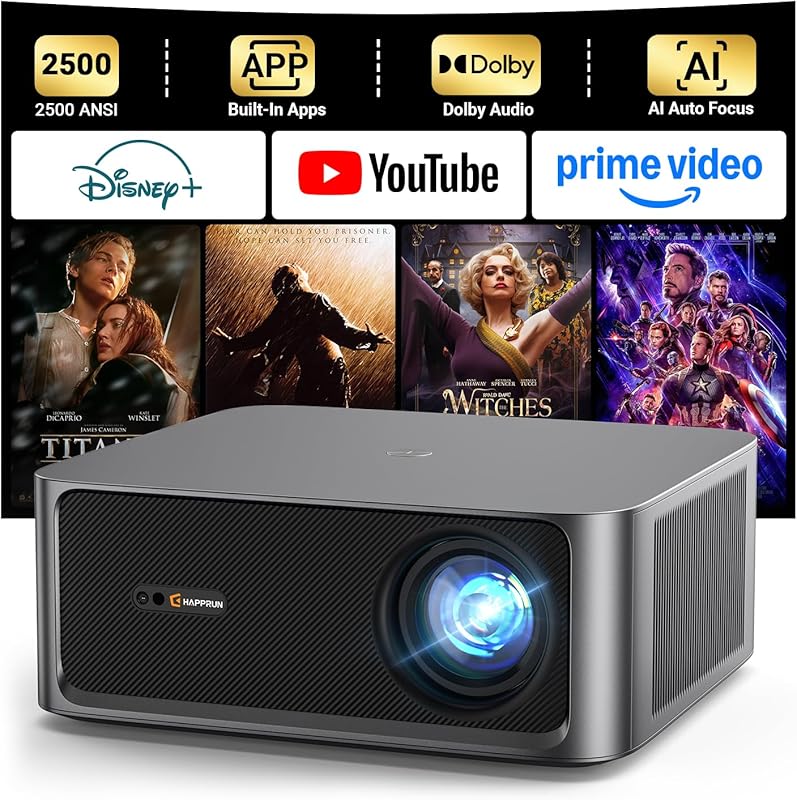 HAPPRUN 2500 Lumens Outdoor Projector with Streaming Apps, 4K Decoding