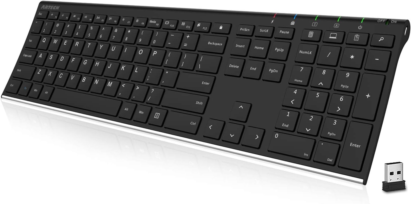 Arteck 2.4G Wireless Keyboard: Ultra Slim Full Size Stainless Steel wi
