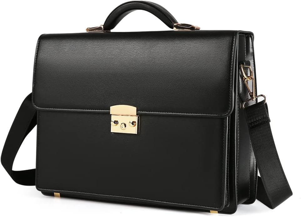 Black Leather Business Briefcase for Men with Lock, Laptop Messenger B