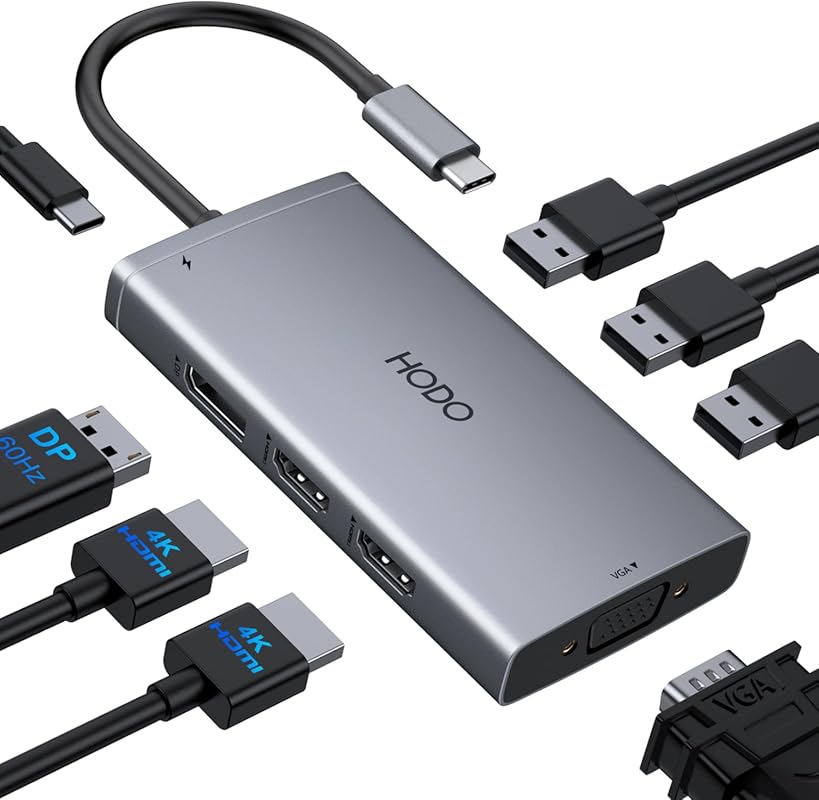 USB C Docking Station for Dell/HP: 3 Monitors, 4K HDMI/DP/VGA, 100W PD