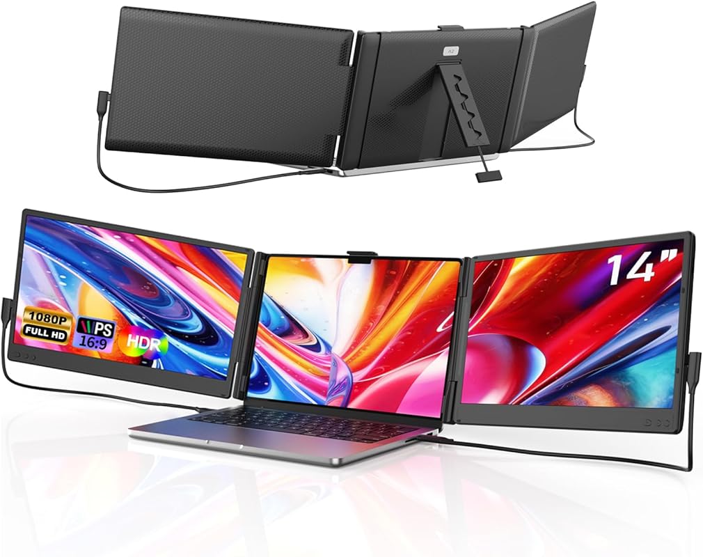 14'' FHD 1080P IPS Laptop Screen Extender, Portable Triple Monitor Display, Plug-Play for Mac/Windows/Chrome, Fits 13-17.3