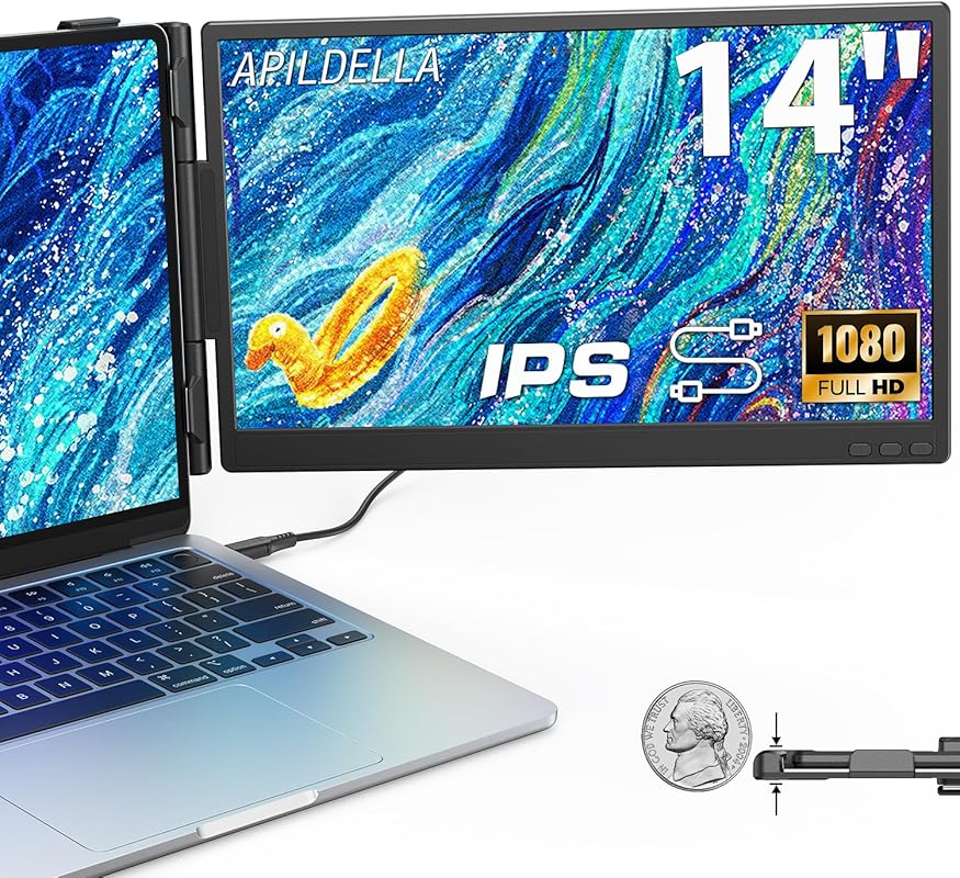 14'' FHD 1080P Dual Laptop Screen Extender, Portable with Speaker, Plu